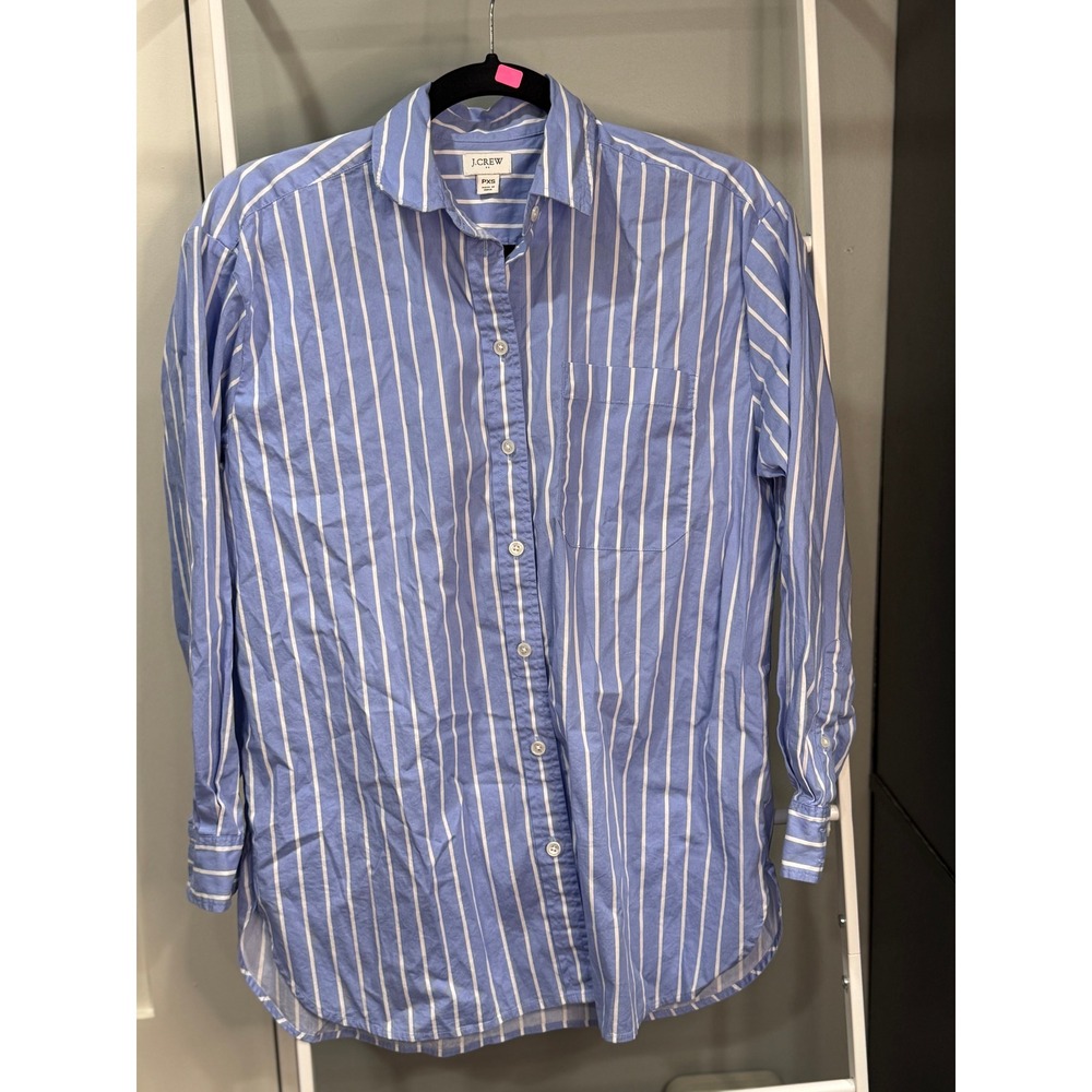 J.Crew Blue White Striped Button Down Shirt XSP Long Sleeve Cotton Blend Coastal
